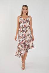 Falda midi en seda estampada asimétrica