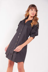 Vestido camisero corto en popelina con charretra en hombro