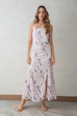 Vestido largo en seda marmolada escote babero