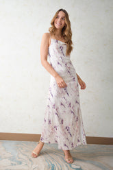 Vestido largo en seda marmolada escote babero