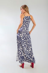 Vestido de tiras largo escote V con gola en rayón estampado