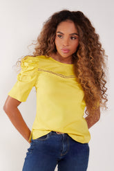 Blusa con corte en guipiur manga corta con recogido en popelina