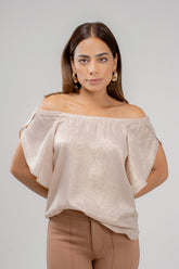Blusa off shoulder manga cruzada efecto brillo