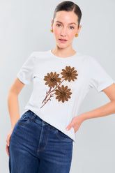 T-shirt manga corta bordada con flor 3d