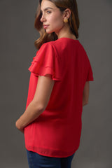 Blusa roja manga corta con escote V y Gola