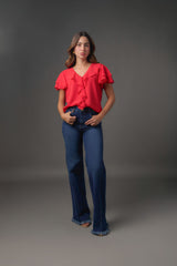Blusa roja manga corta con escote V y Gola
