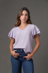 Blusa Gaza Manga Doble Campana Corta | Azul Claro / Lila | Regular Fit