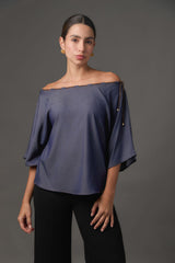Blusa Off Shoulder Tencel Azul | Escote Canal | Manga 3/4