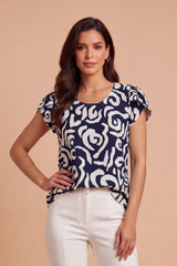 Blusa Manga Corta Estampado Remolinos Azul Oscuro y Blanco