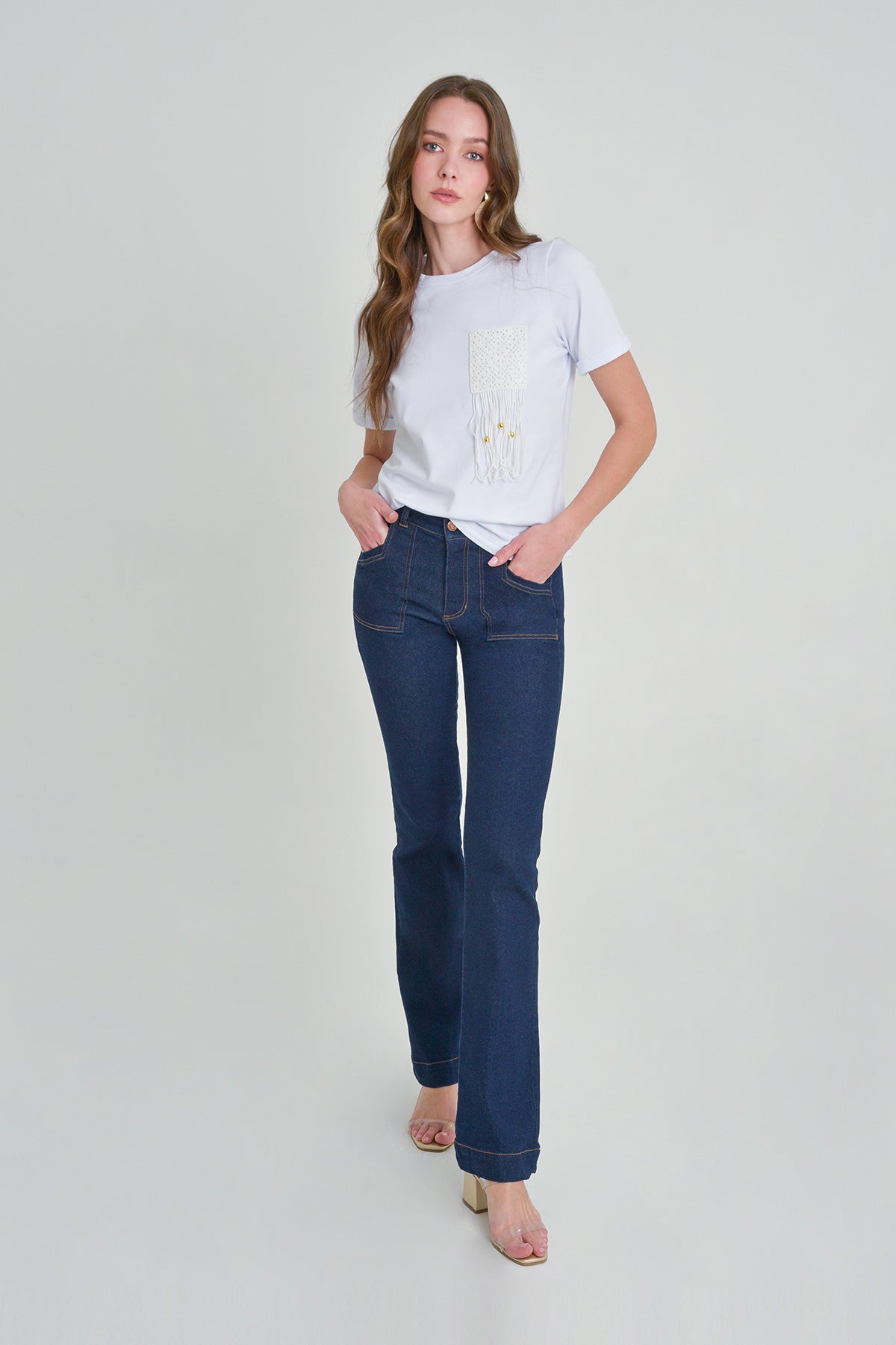 Jean bota recta bolsillo parche azul oscuro