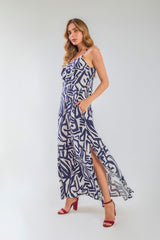 Vestido de tiras largo escote V con gola en rayón estampado