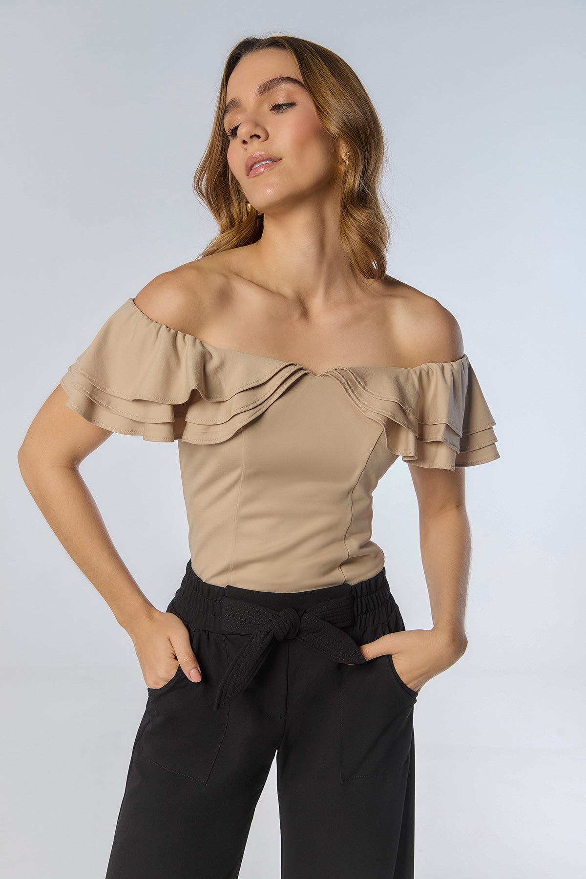 Blusa en punto off shoulder con boleros