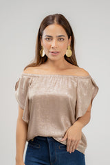 Blusa off shoulder manga cruzada efecto brillo