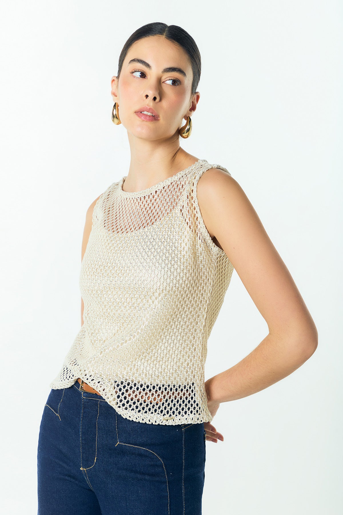 Blusa manga sisa en malla con lurex