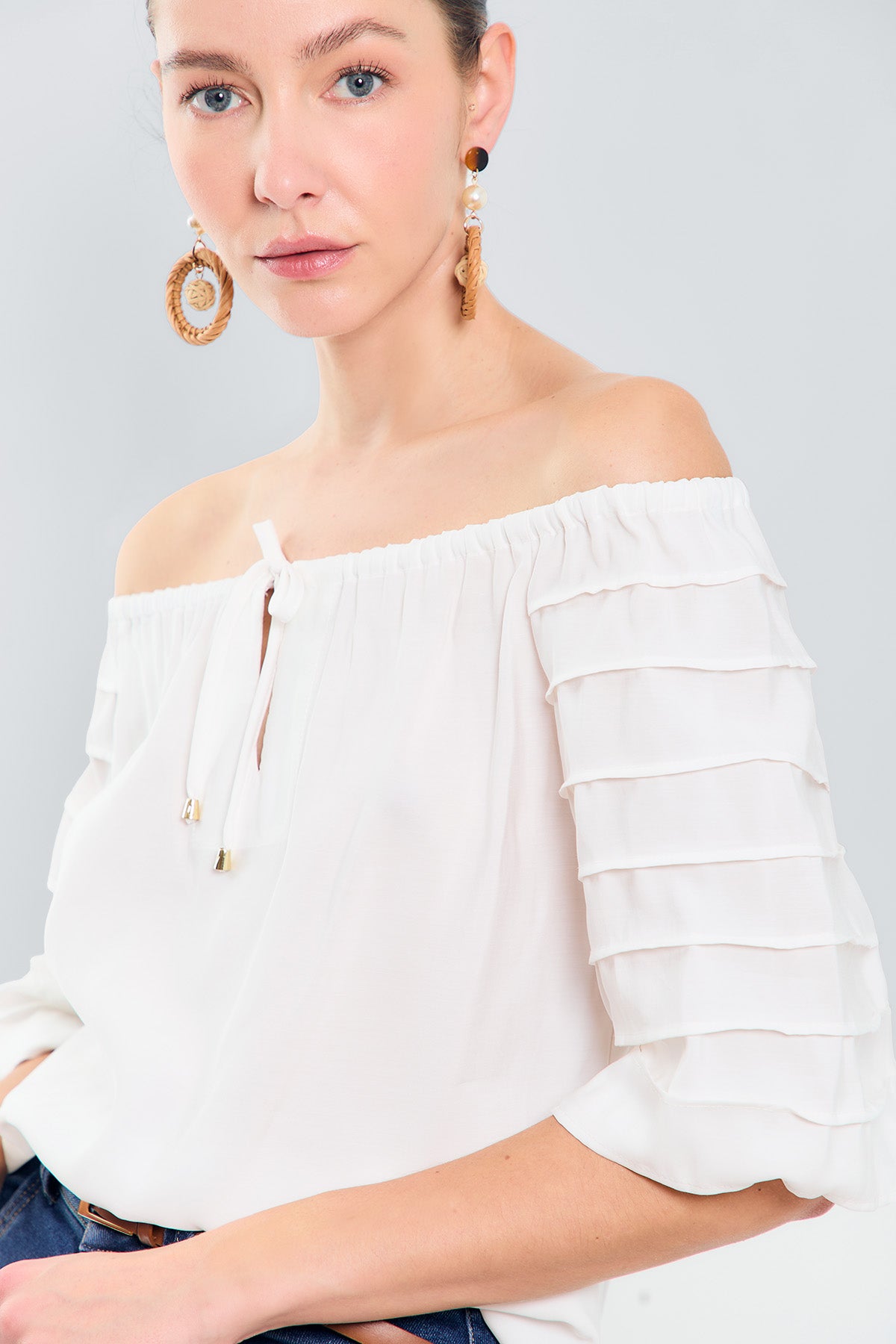 Blusa off shoulders m3/4 c/alforza