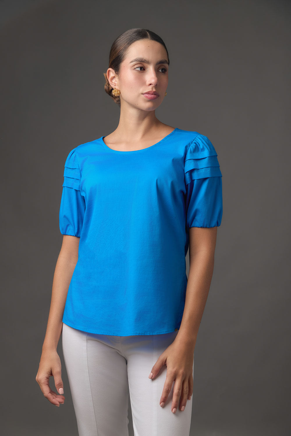 Blusa de Popelina para Mujer Manga Corta con Alforzas
