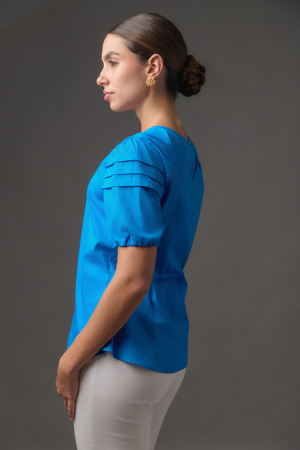 Blusa de Popelina para Mujer Manga Corta con Alforzas