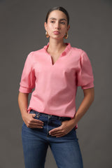 Blusa para Mujer en Popelina Stretch Azul Claro con Cuello Victoriano