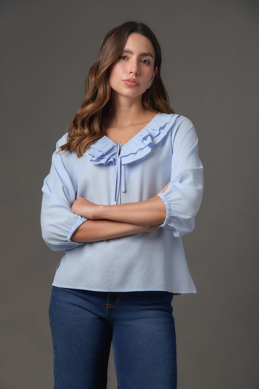 Blusa Manga 3/4 con Escote V y Boleros en Gaza