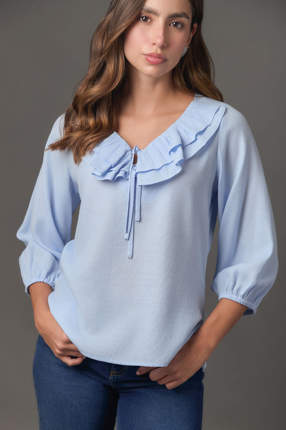 Blusa Manga 3/4 con Escote V y Boleros en Gaza