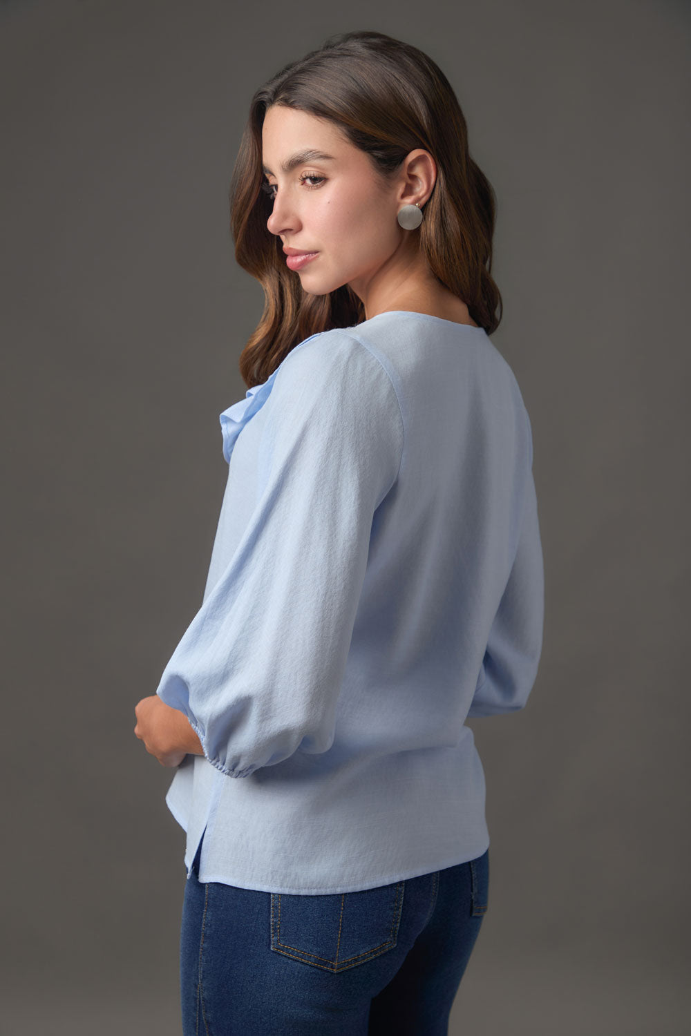 Blusa Manga 3/4 con Escote V y Boleros en Gaza