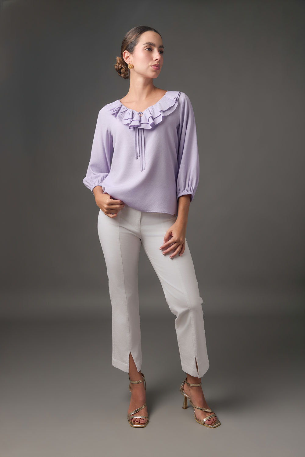 Blusa Manga 3/4 con Escote V y Boleros en Gaza