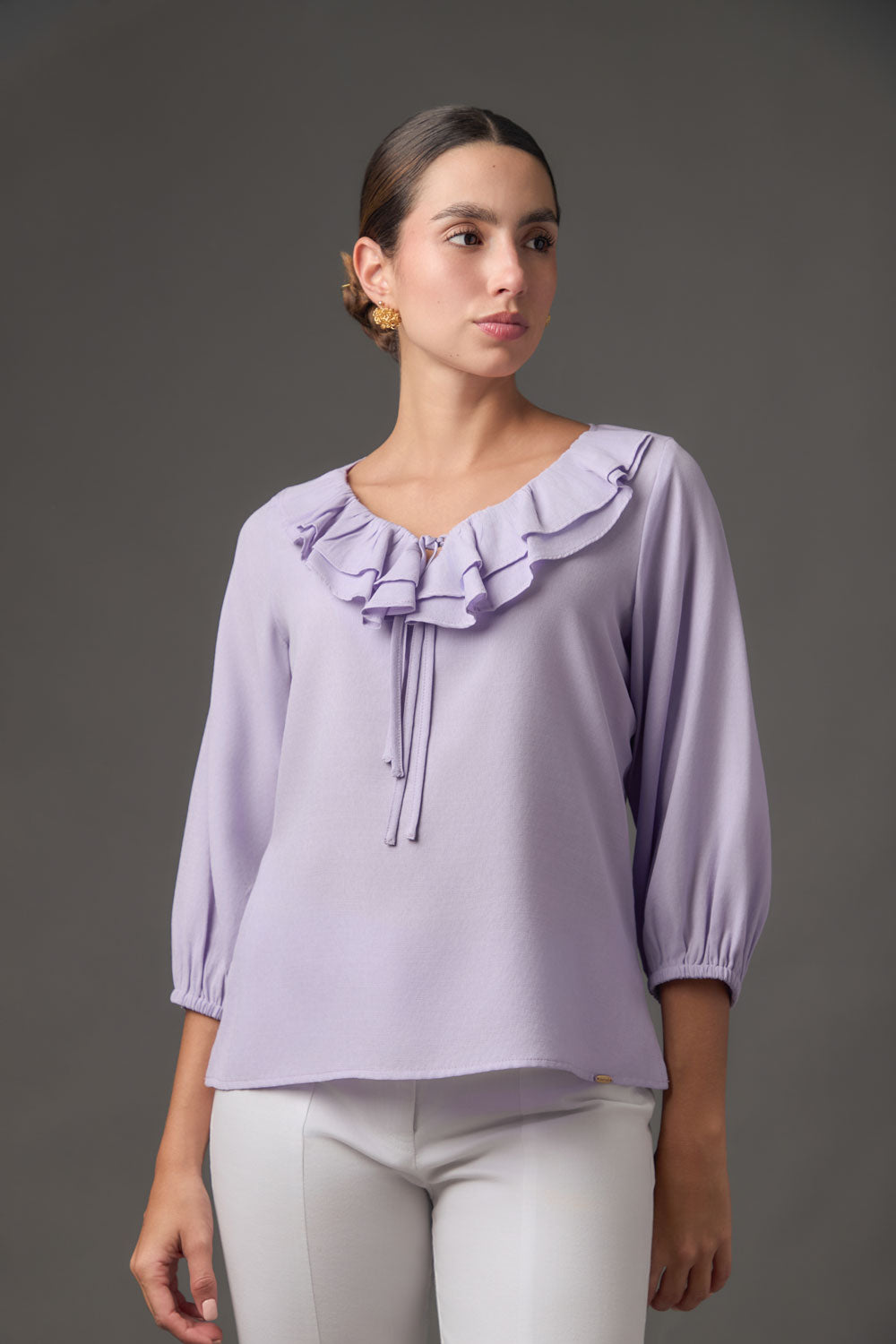 Blusa Manga 3/4 con Escote V y Boleros en Gaza