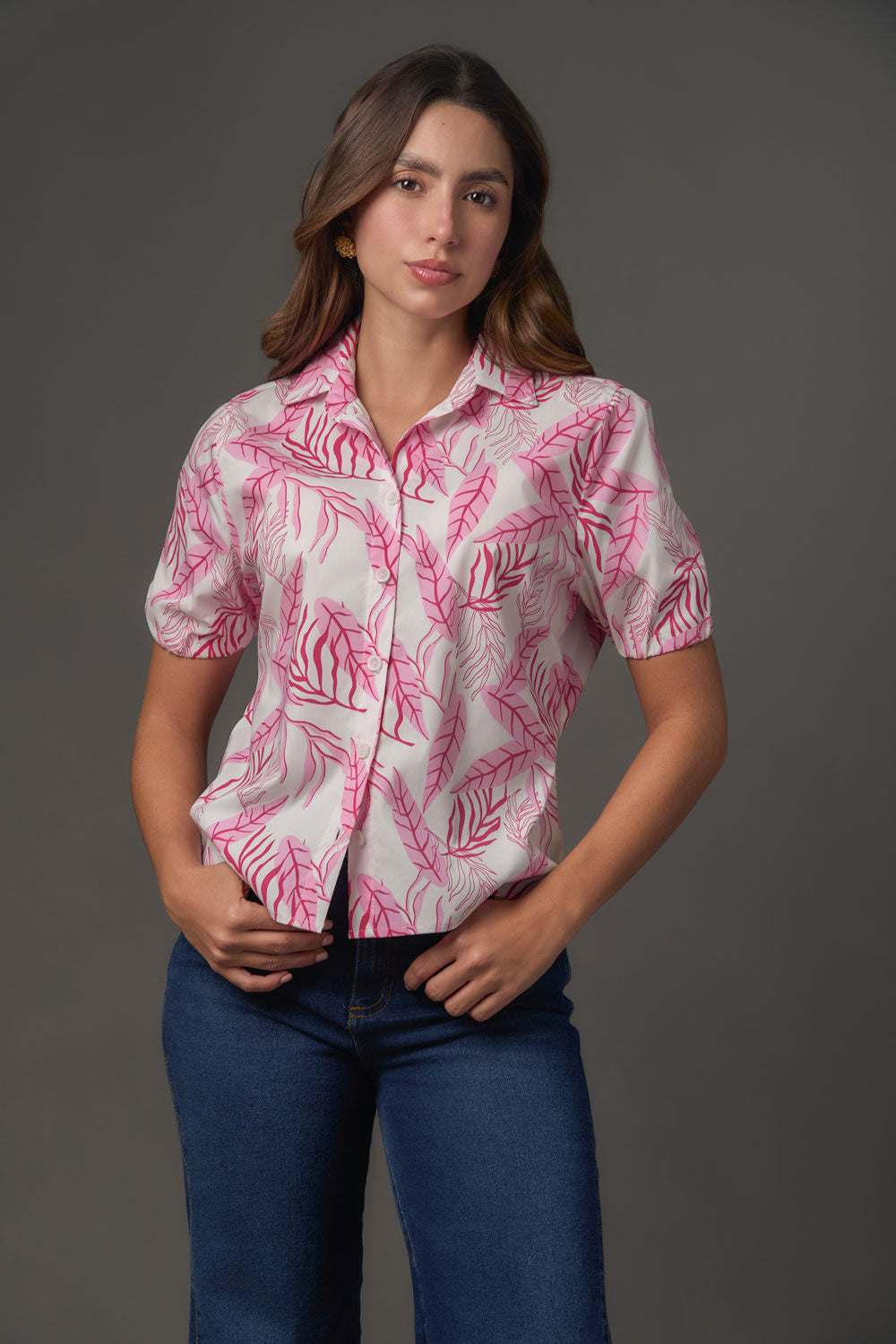 Camisa Estampada de Algodón Silueta Box - Magenta