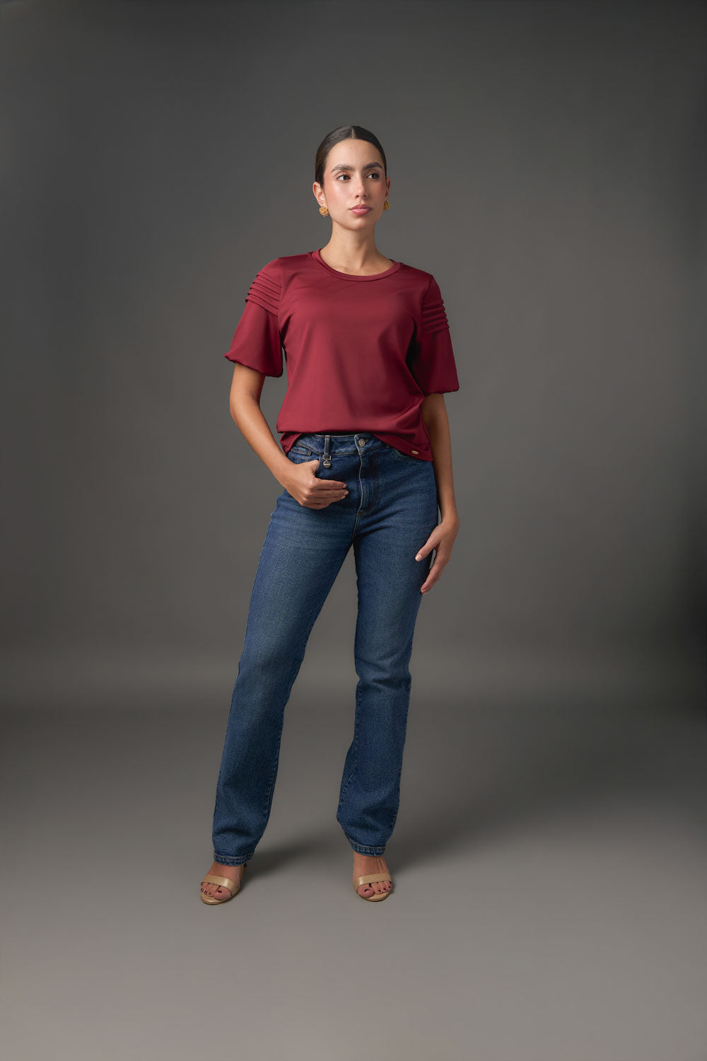 Camiseta Doble Manga Corta con Alforzas para Mujer