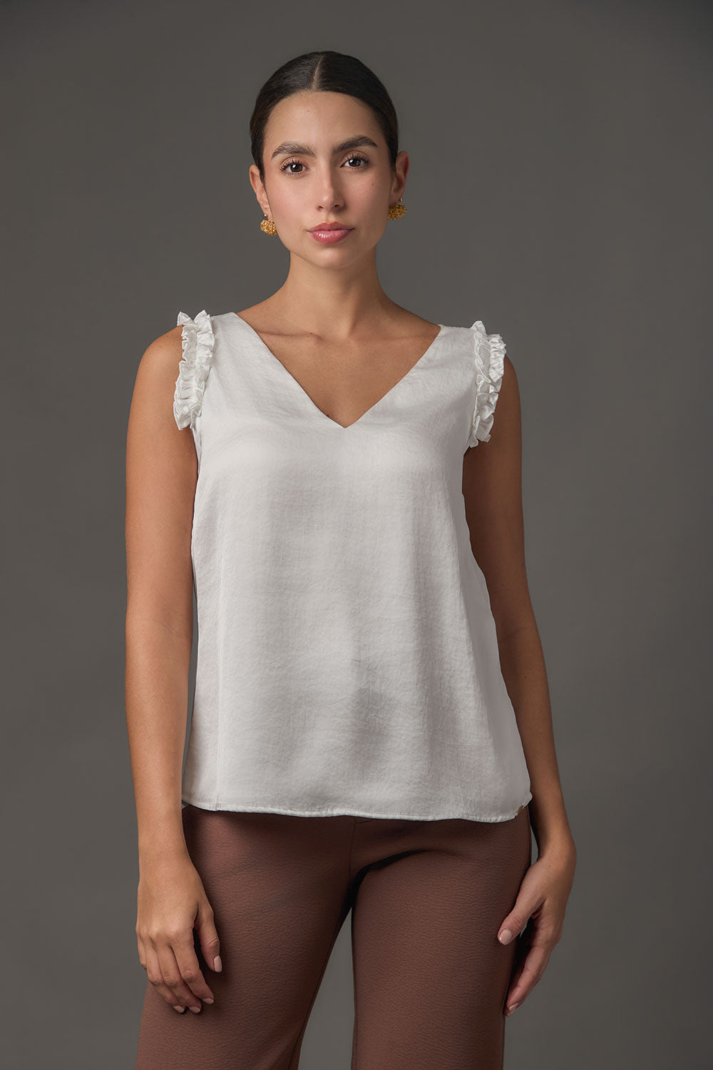 Blusa Manga Sisa con Enruche Frontal y Escote en V -