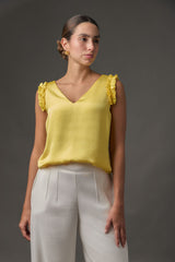 Blusa Manga Sisa con Enruche Frontal y Escote en V -