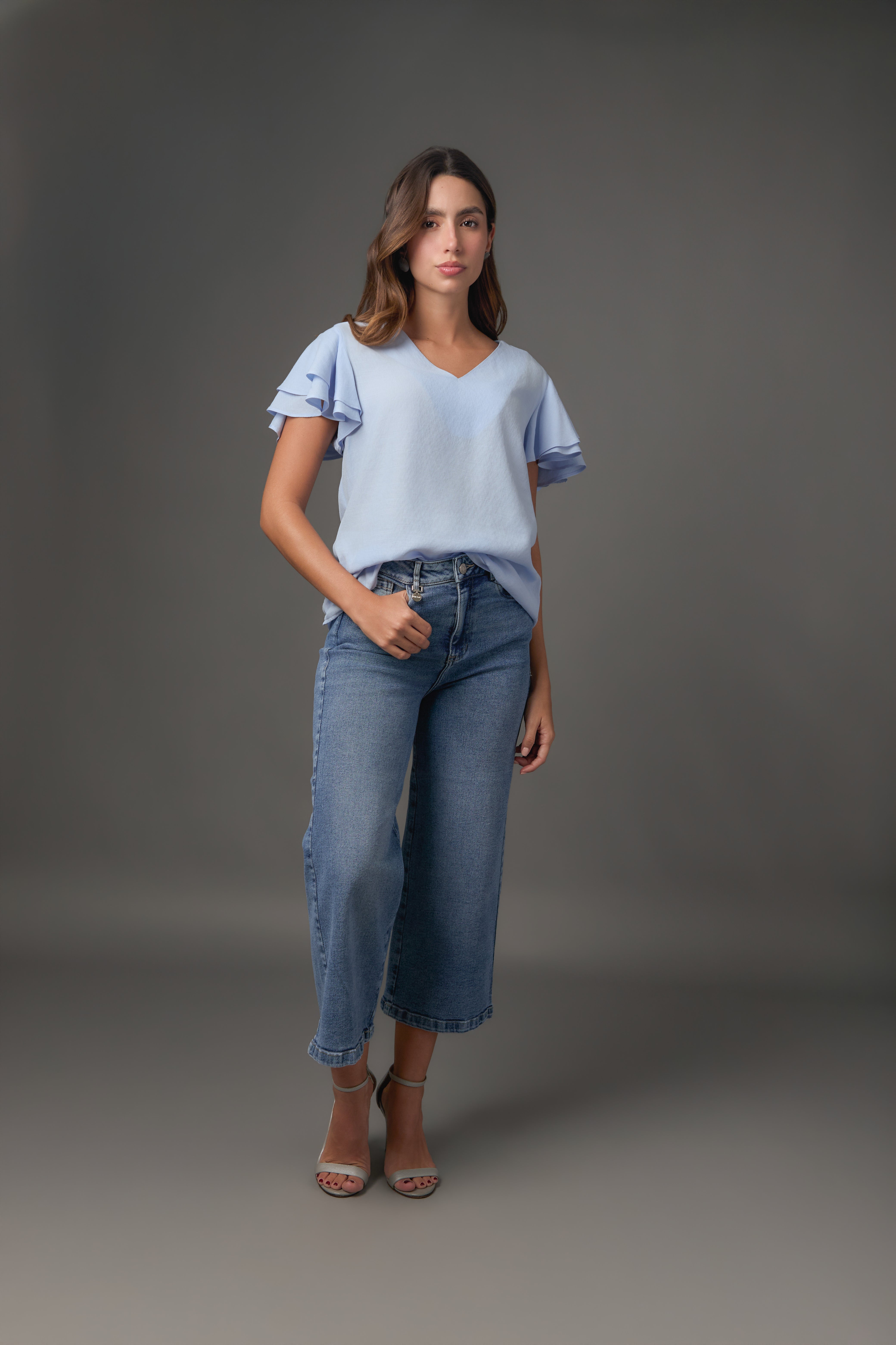 Blusa Gaza Manga Doble Campana Corta | Azul Claro / Lila | Regular Fit