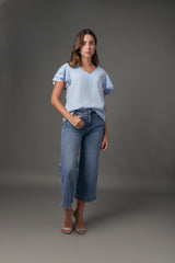 Blusa Gaza Manga Doble Campana Corta | Azul Claro / Lila | Regular Fit