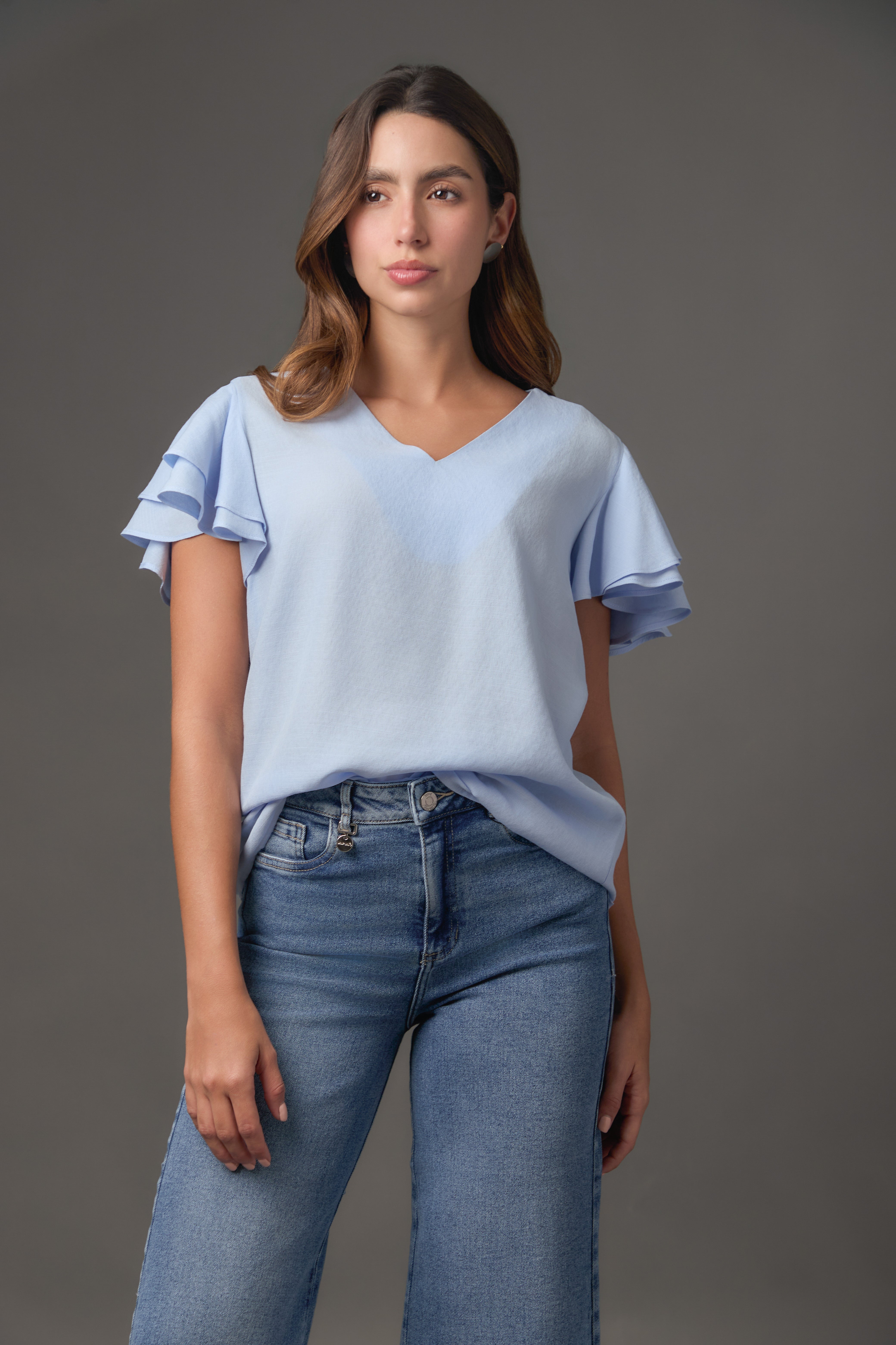 Blusa Gaza Manga Doble Campana Corta | Azul Claro / Lila | Regular Fit