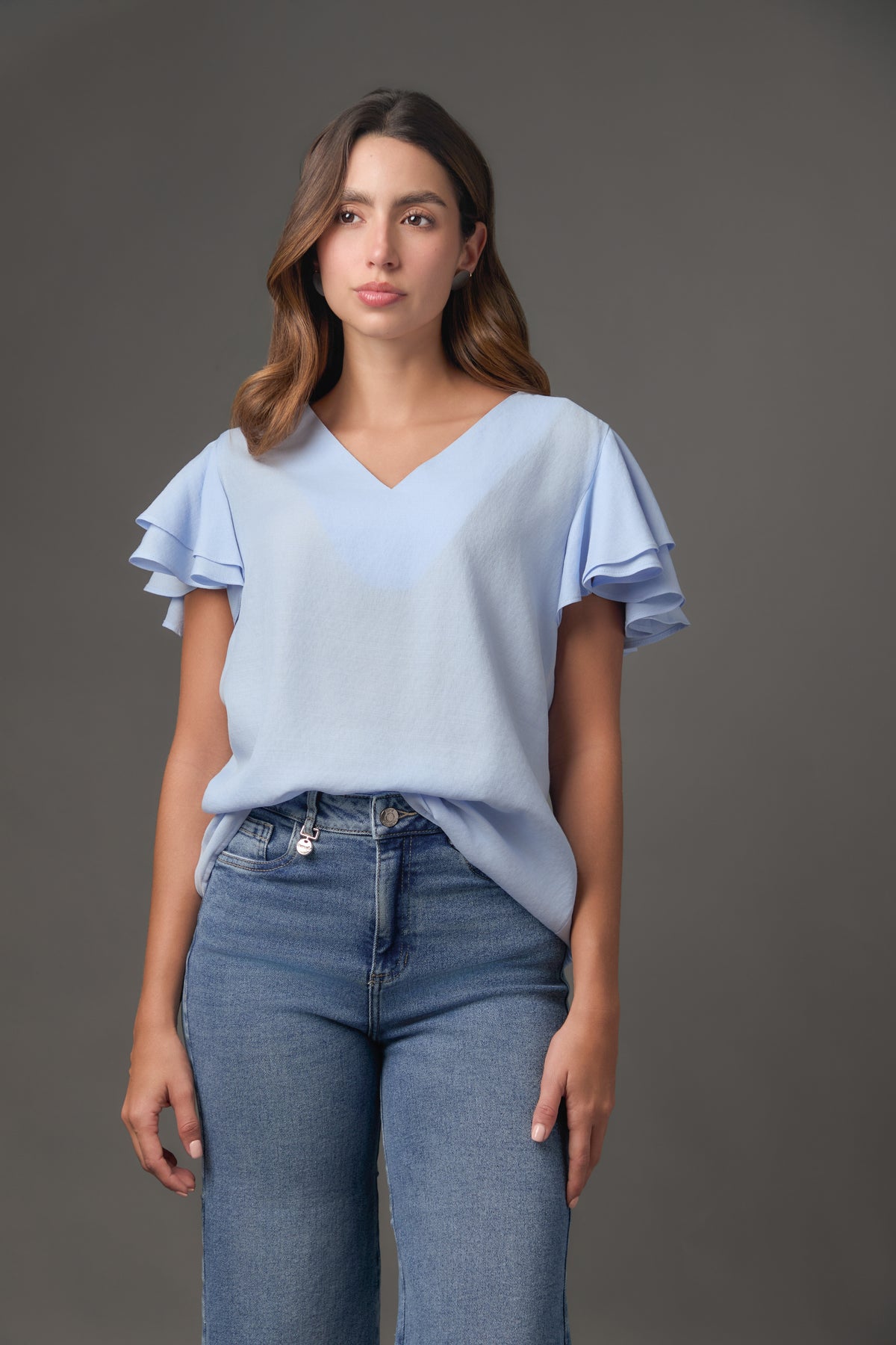 Blusa Gaza Manga Doble Campana Corta | Azul Claro / Lila | Regular Fit