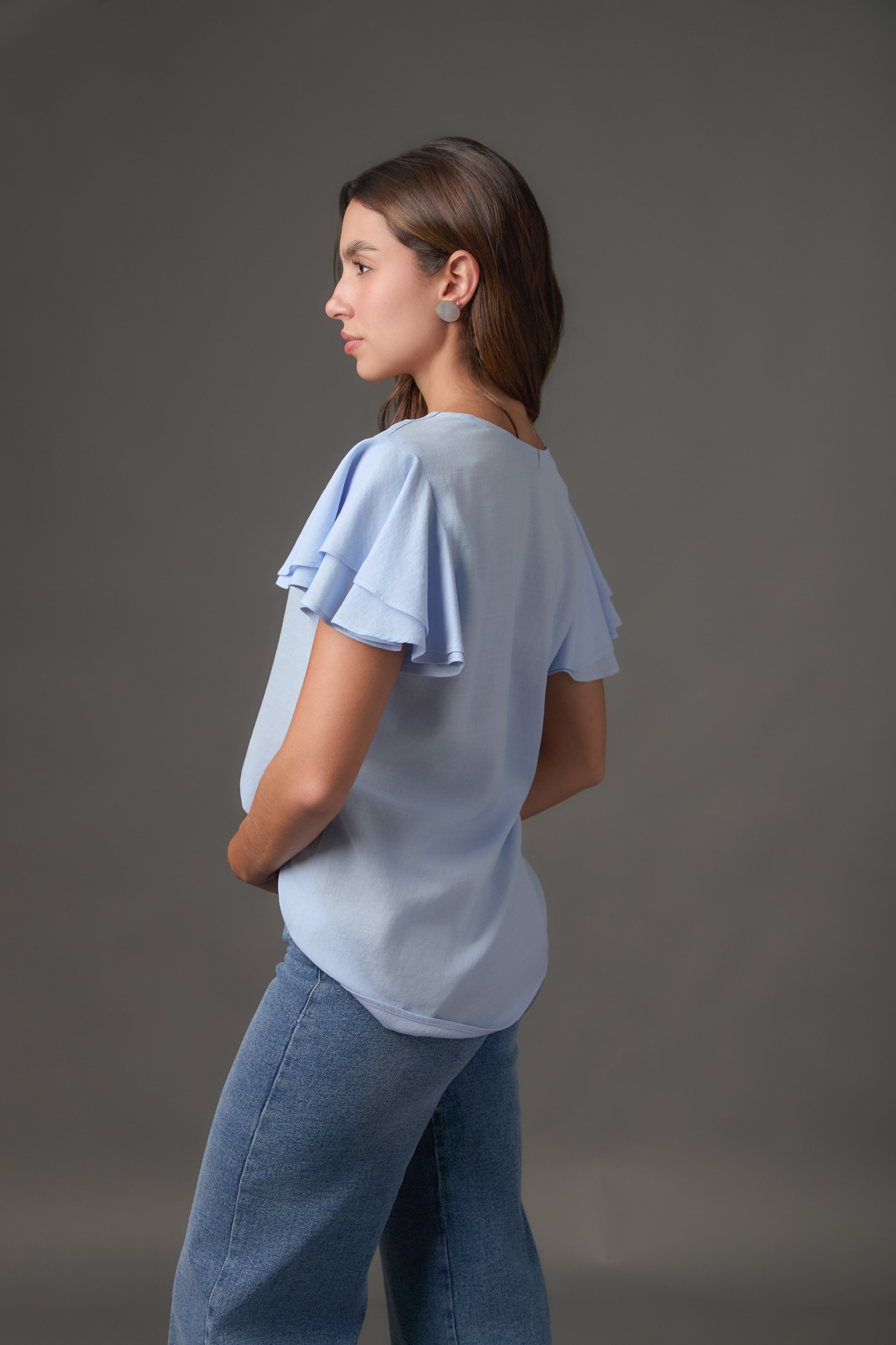 Blusa Gaza Manga Doble Campana Corta | Azul Claro / Lila | Regular Fit