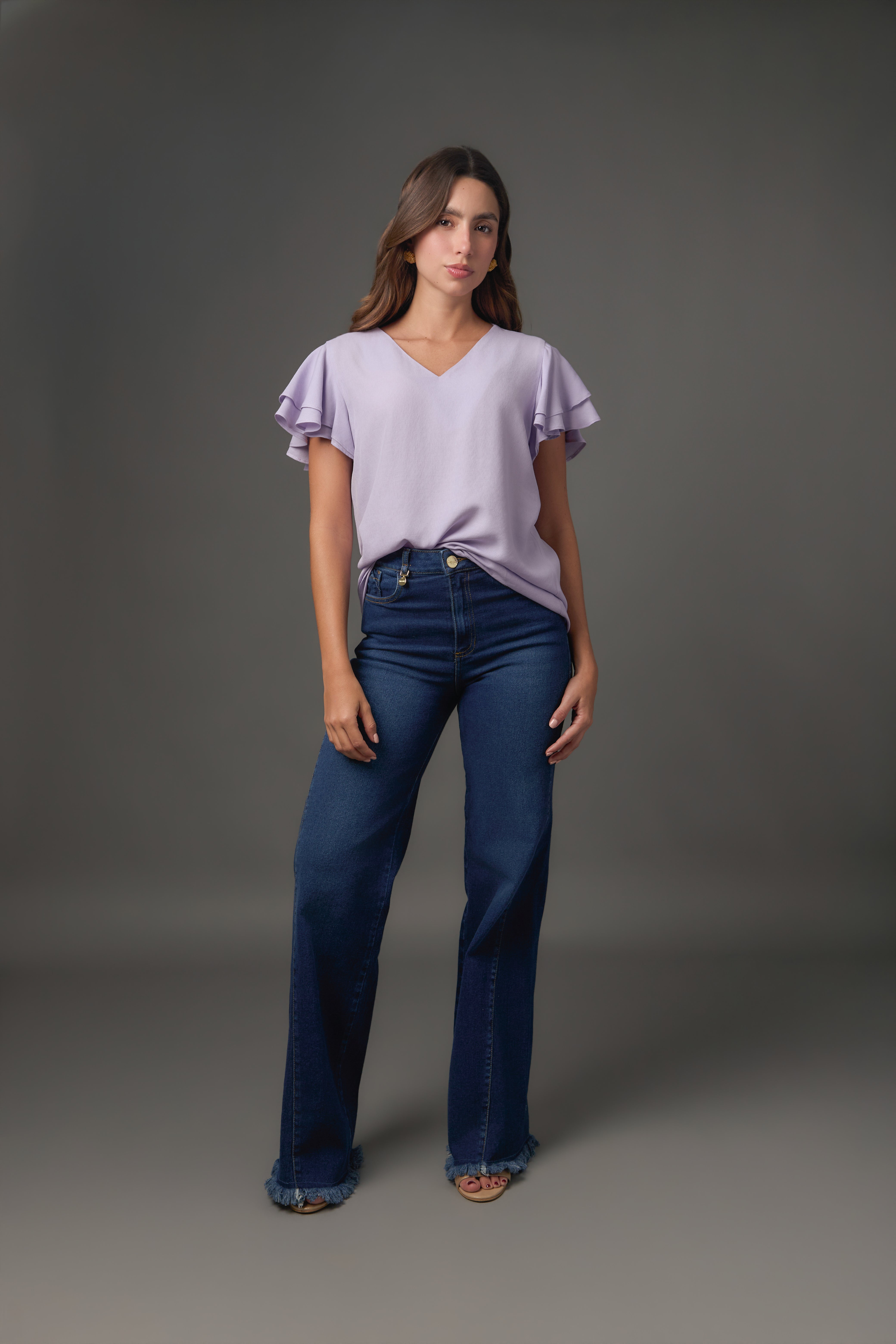 Blusa Gaza Manga Doble Campana Corta | Azul Claro / Lila | Regular Fit
