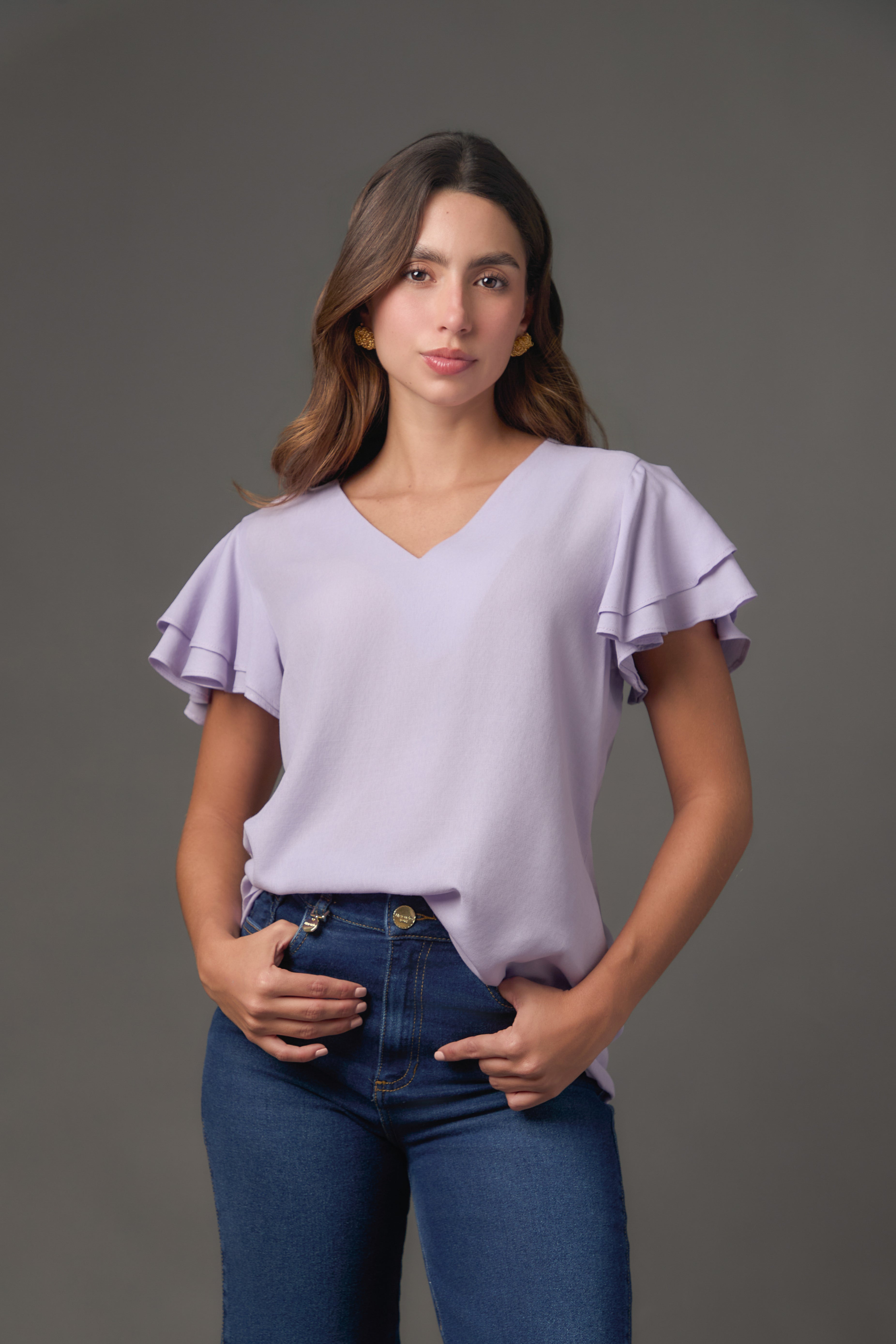 Blusa Gaza Manga Doble Campana Corta | Azul Claro / Lila | Regular Fit