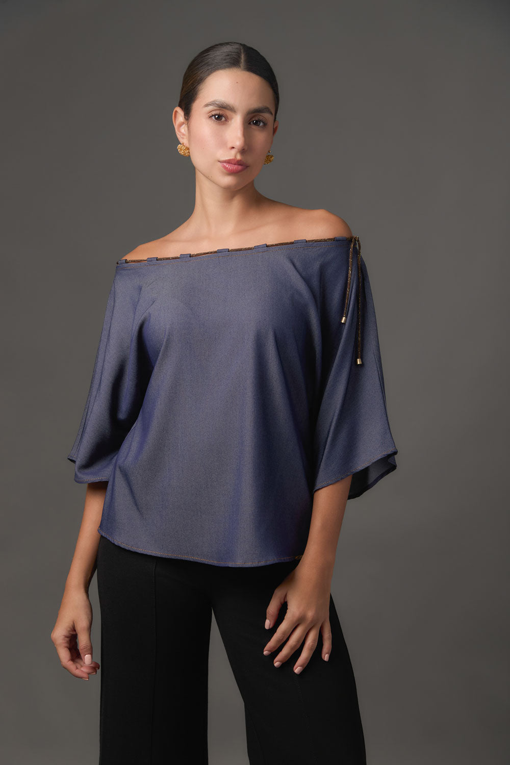 Blusa Off Shoulder Tencel Azul | Escote Canal | Manga 3/4