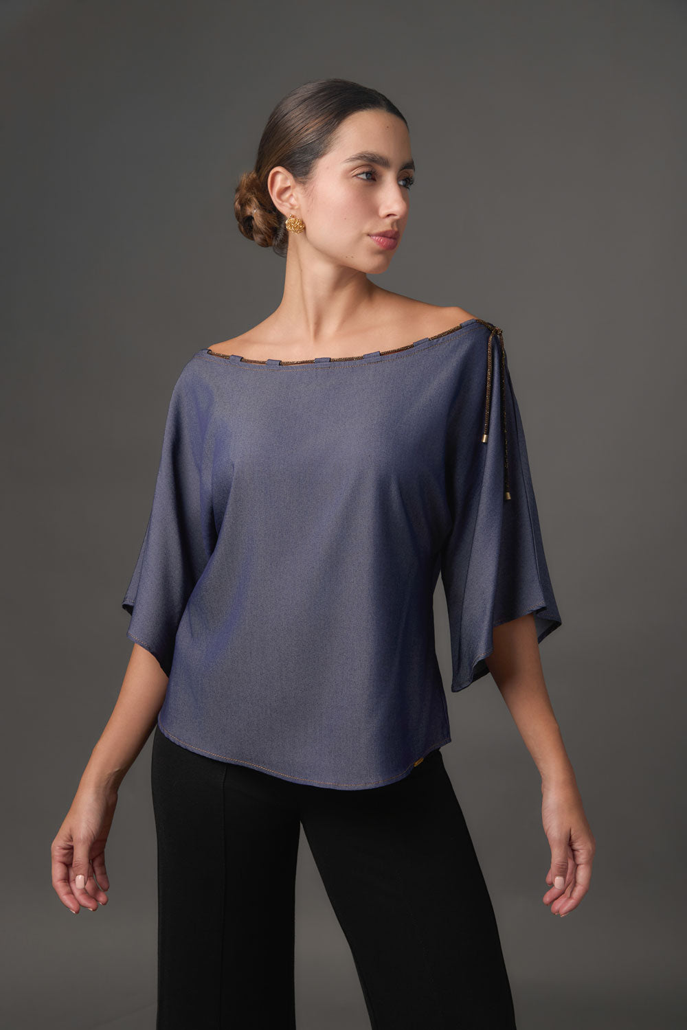 Blusa Off Shoulder Tencel Azul | Escote Canal | Manga 3/4