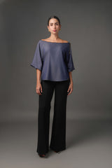 Blusa Off Shoulder Tencel Azul | Escote Canal | Manga 3/4