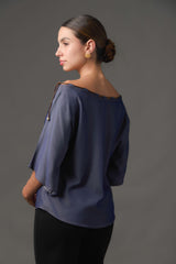 Blusa Off Shoulder Tencel Azul | Escote Canal | Manga 3/4
