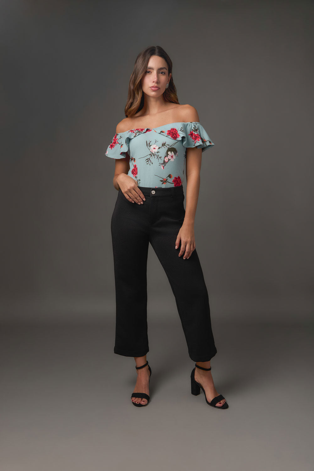 Blusa Off Shoulder en Rib Estampado con Doble Bolero