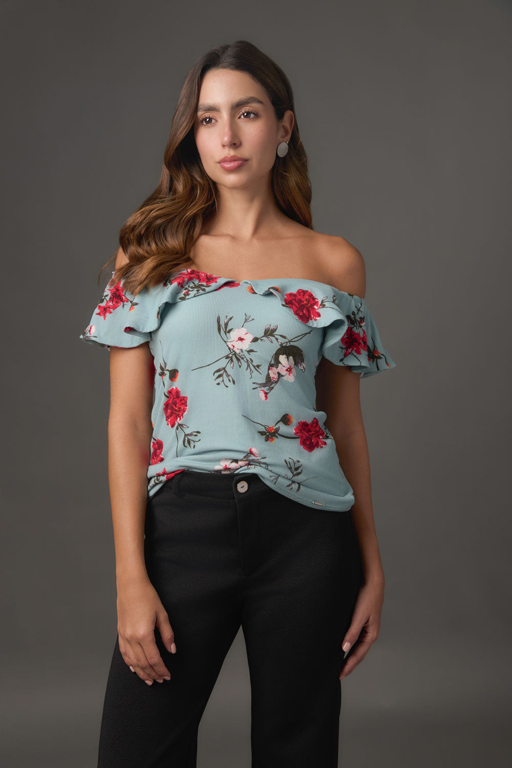 Blusa Off Shoulder en Rib Estampado con Doble Bolero