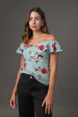 Blusa Off Shoulder en Rib Estampado con Doble Bolero
