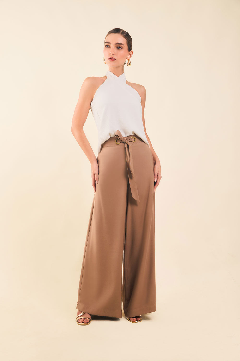 Pantalón Palazzo de Tiro Alto con Pretina Ancha y Cinturón