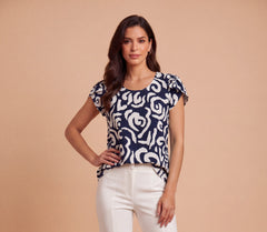 Blusa Manga Corta Estampado Remolinos Azul Oscuro y Blanco